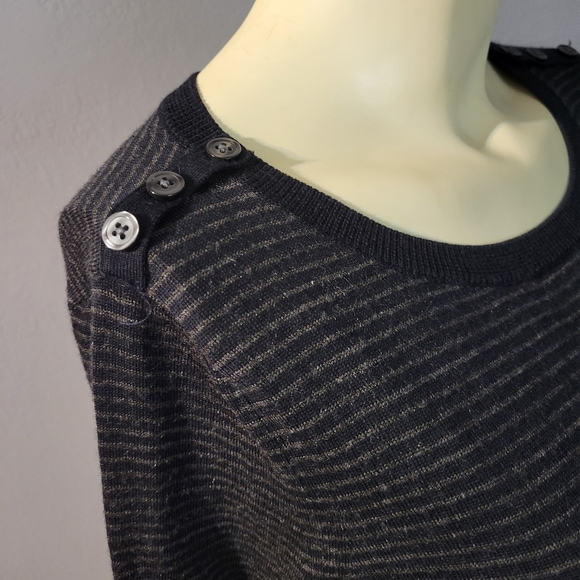 Ann Taylor Loft Navy Blue & Gray Striped Button Shoulder Detail Sweater. - Picture 1 of 6